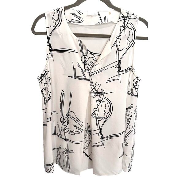 Ecru Sleeveless Silk Blouse White Black Graphic Nude Silhouettes Sz M READ - Picture 1 of 9